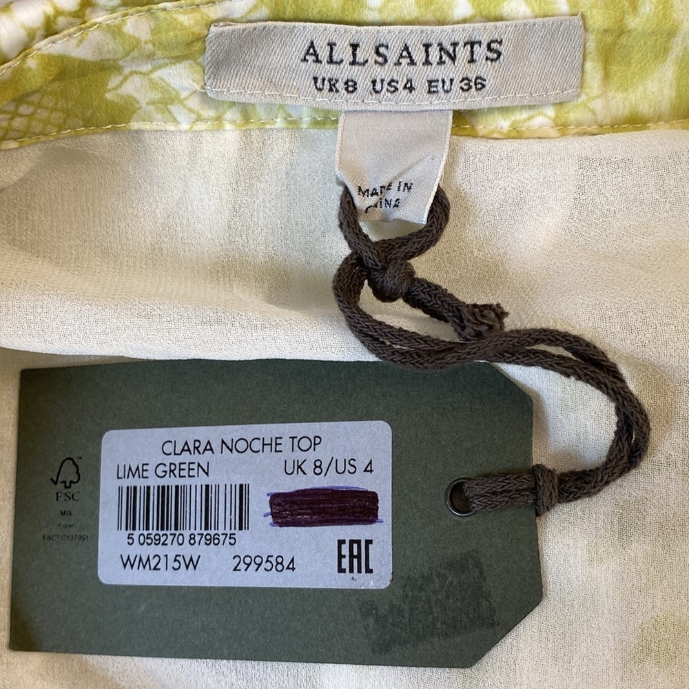 All Saints Clara Noche Snake Print Top Size 4 NWT Lime Green Cropped - Picture 17 of 17